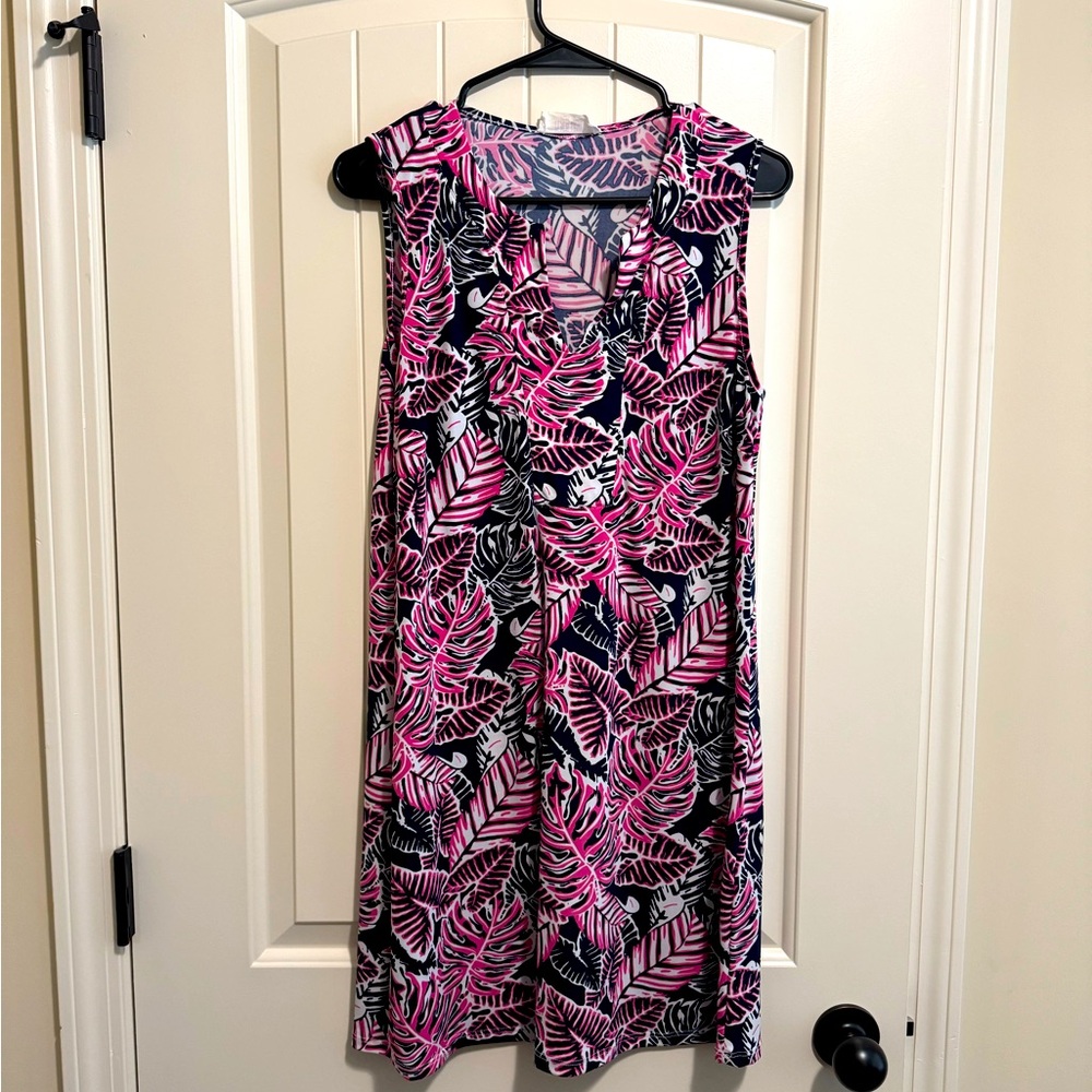 Pink and Navy Leaf Print Sleeveless Dress